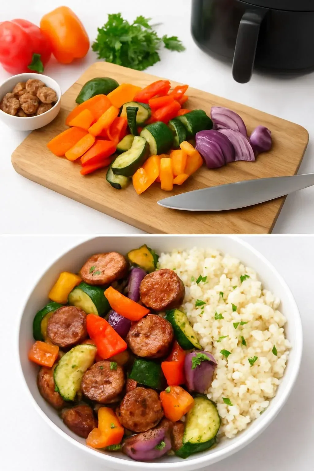 10 Minute Air Fryer Chicken Sausage and Veggies