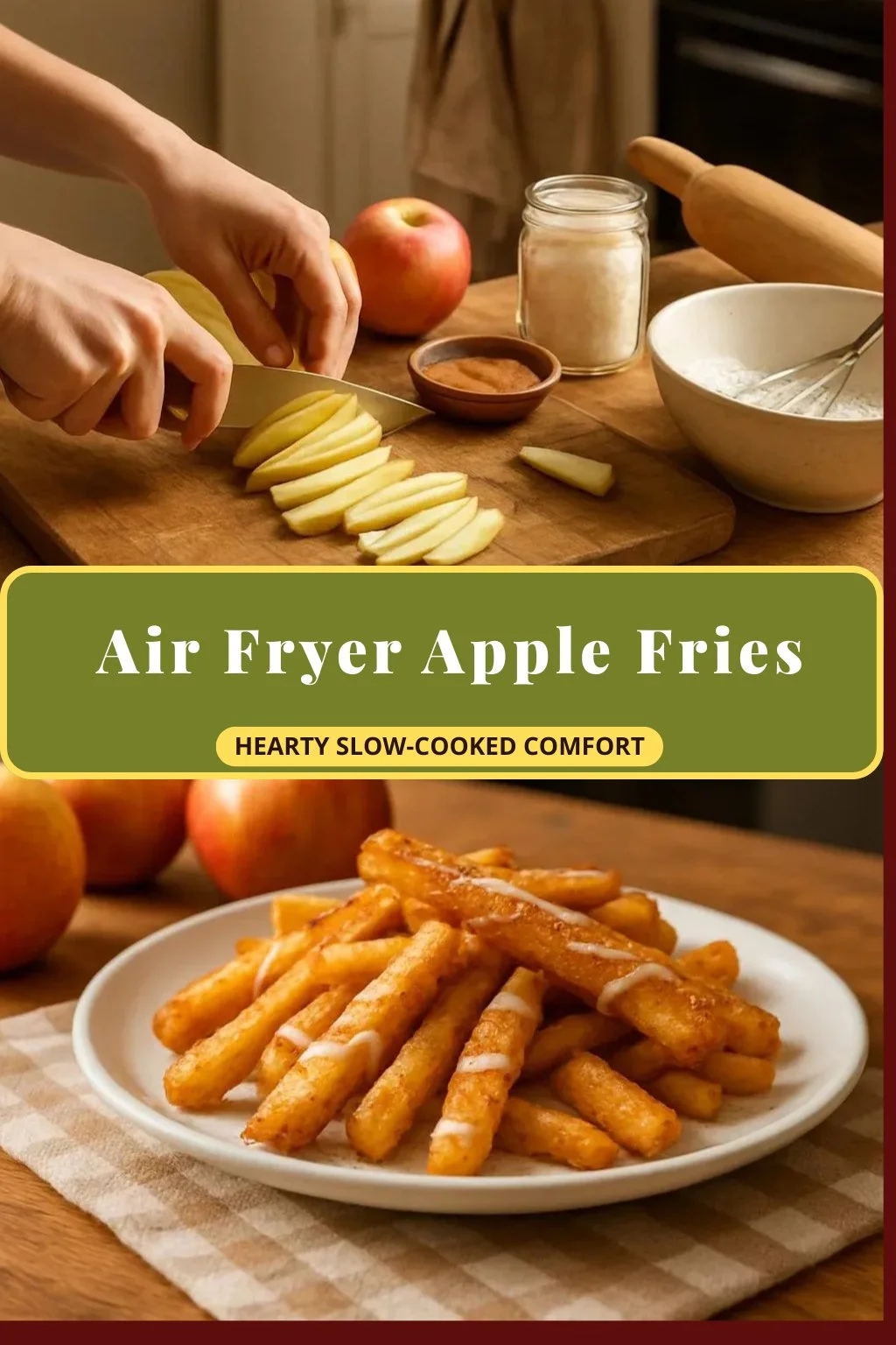 Air Fryer Apple Fries served in a bowl, drizzled with caramel sauce.
