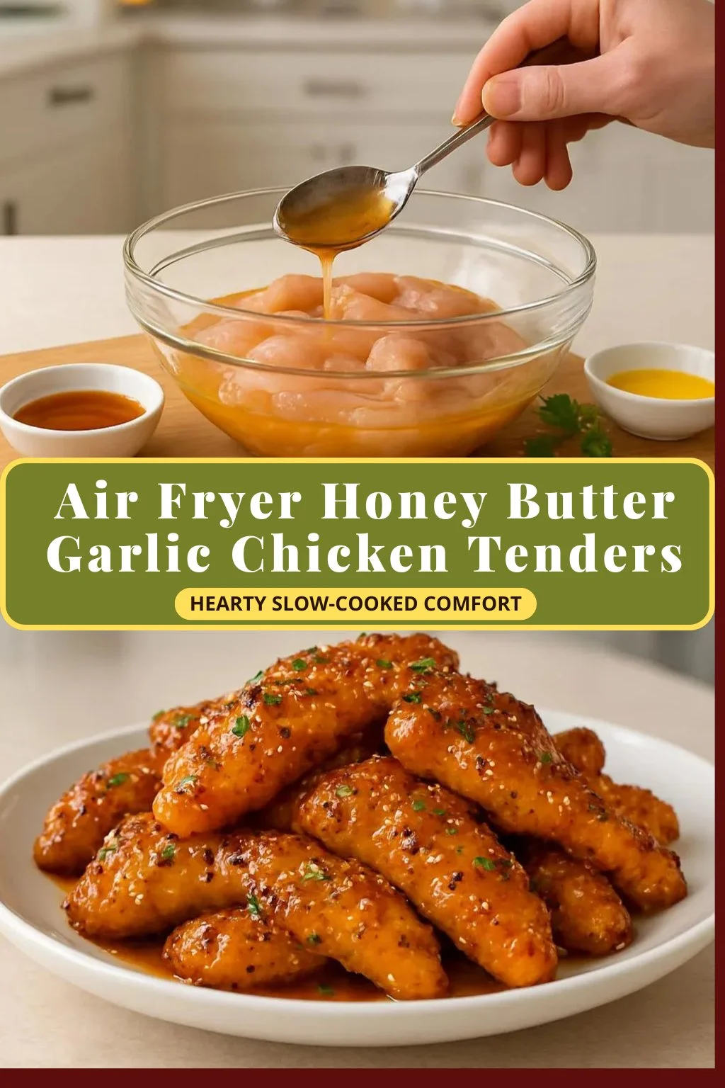 Crispy air fryer honey butter garlic chicken tenders served with dipping sauce