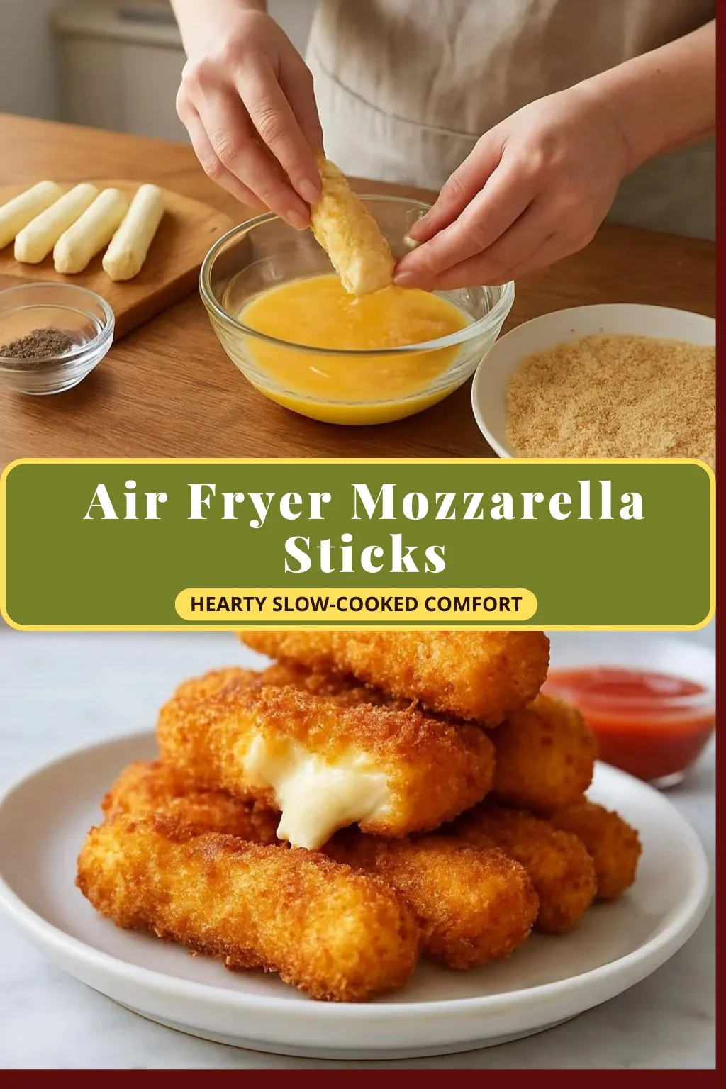 Crispy air fryer mozzarella sticks served with marinara sauce.