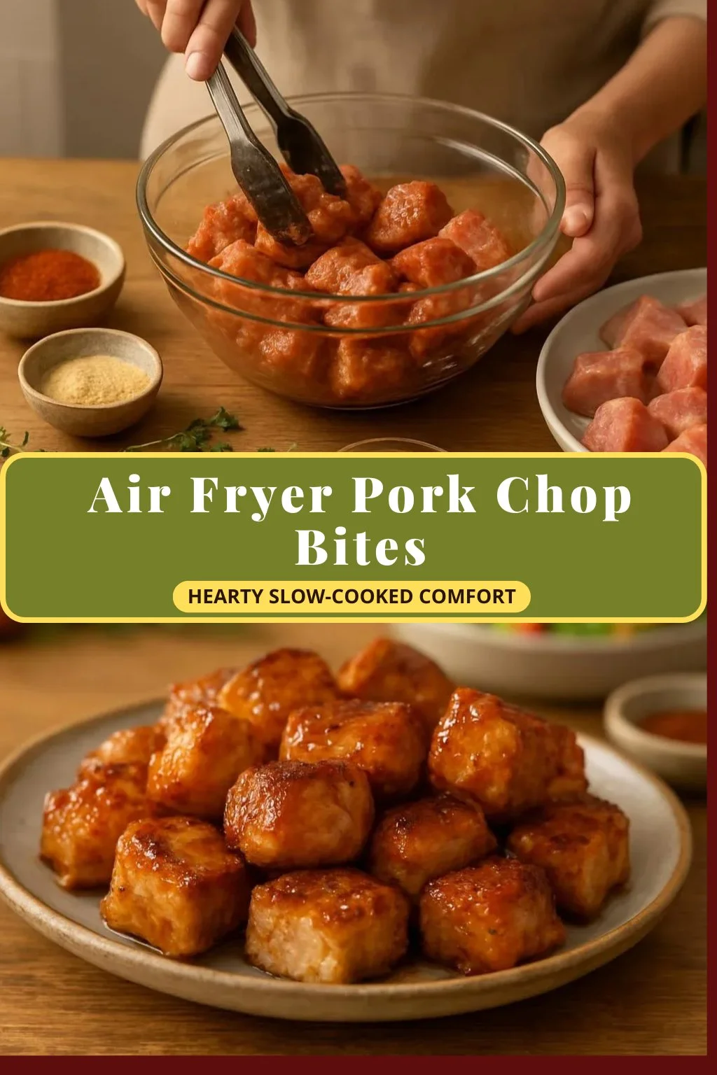 Air Fryer pork chop bites served in a bowl with dipping sauce
