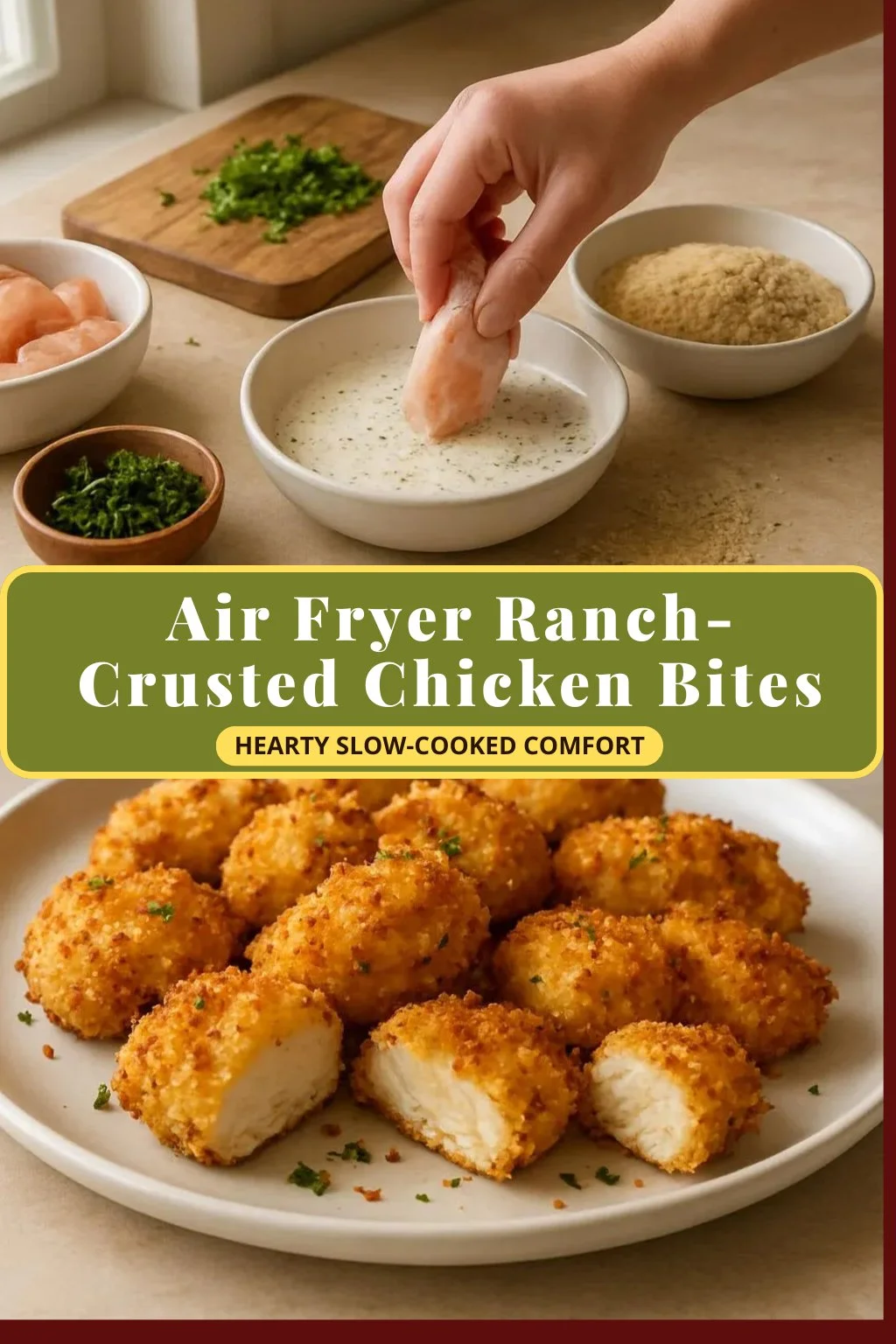 Crispy air fryer ranch-crusted chicken bites served on a plate