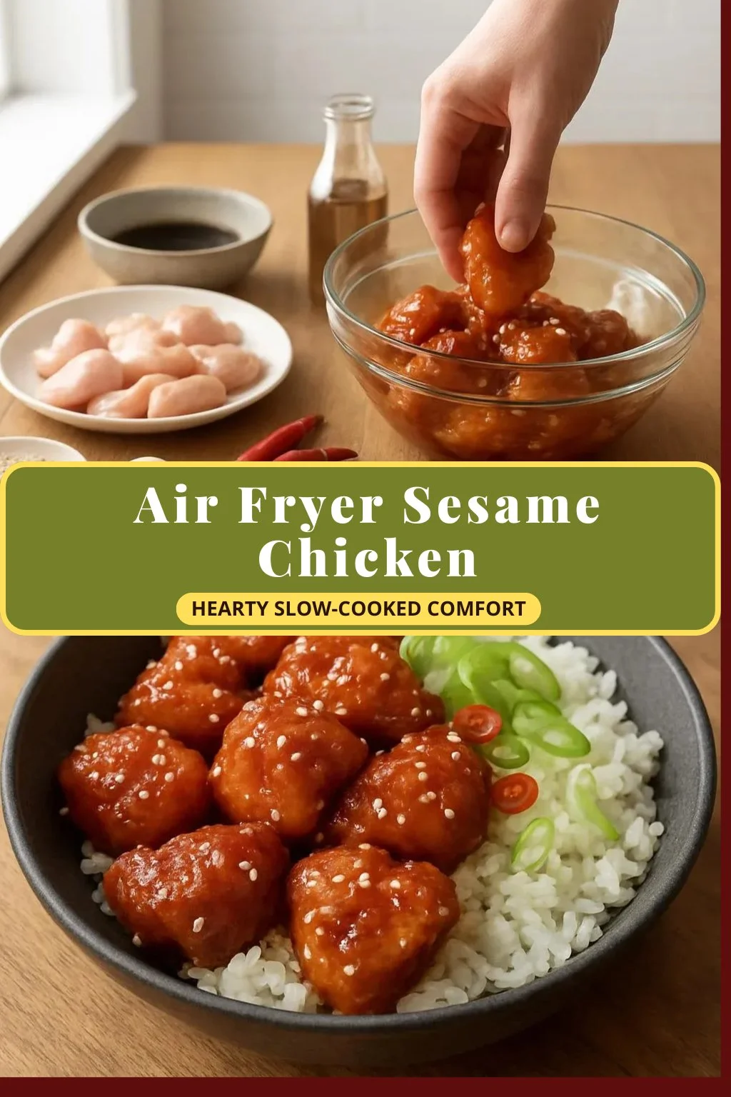 Crispy Air Fryer Sesame Chicken served with sesame seeds on top.