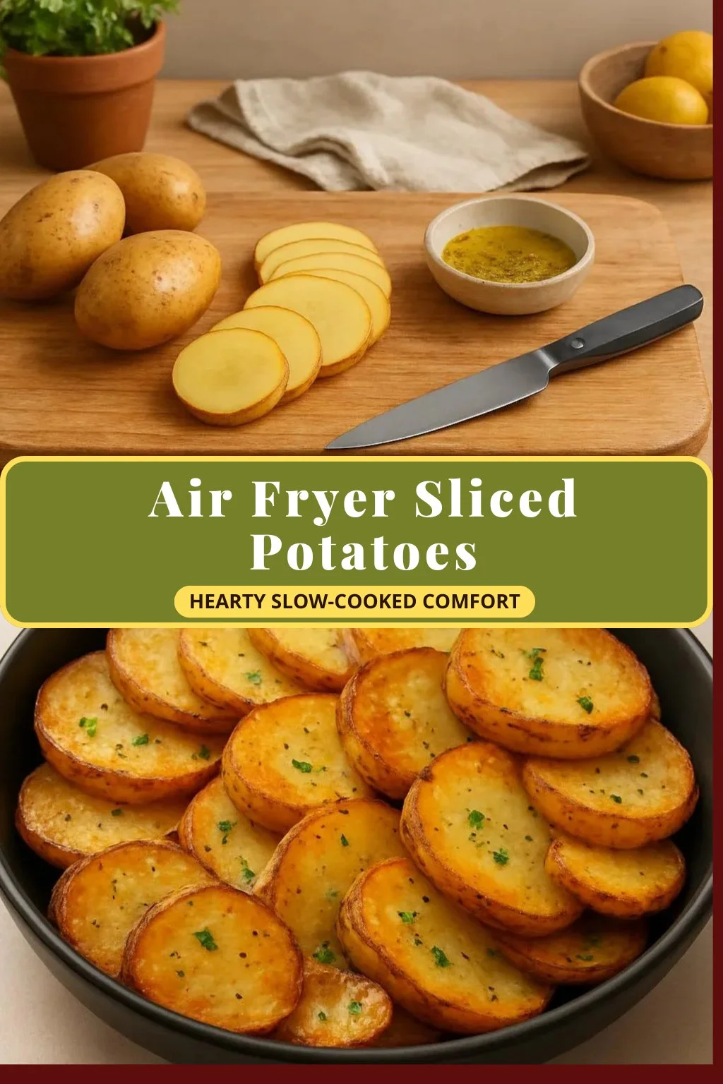 Crispy air fryer sliced potatoes served in a bowl