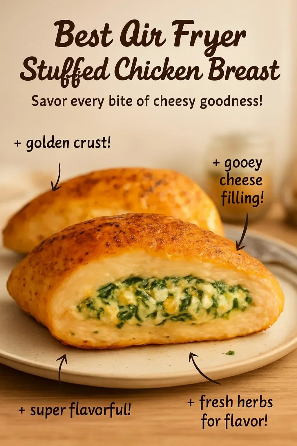 Juicy air fryer stuffed chicken breast served with fresh herbs and vegetables