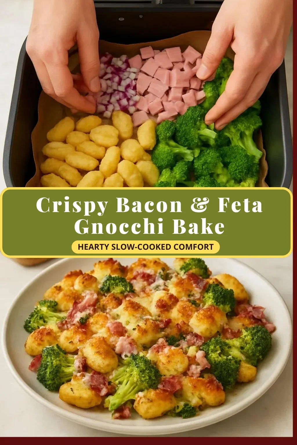 Crispy Bacon and Feta Gnocchi Bake topped with herbs and cheese