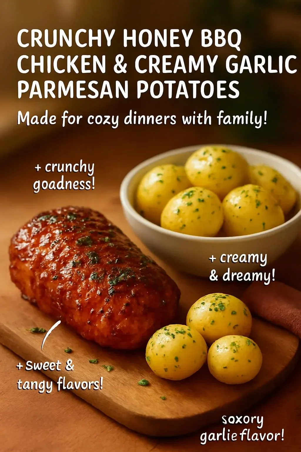 Crunchy Honey BBQ Chicken & Creamy Garlic Parmesan Potatoes