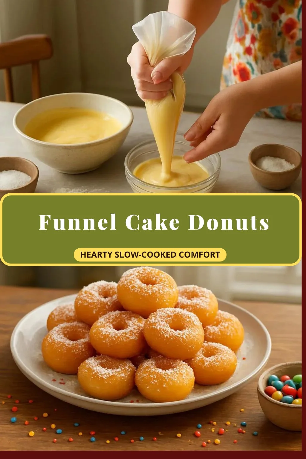 Delicious funnel cake donuts drizzled with powdered sugar and chocolate sauce.