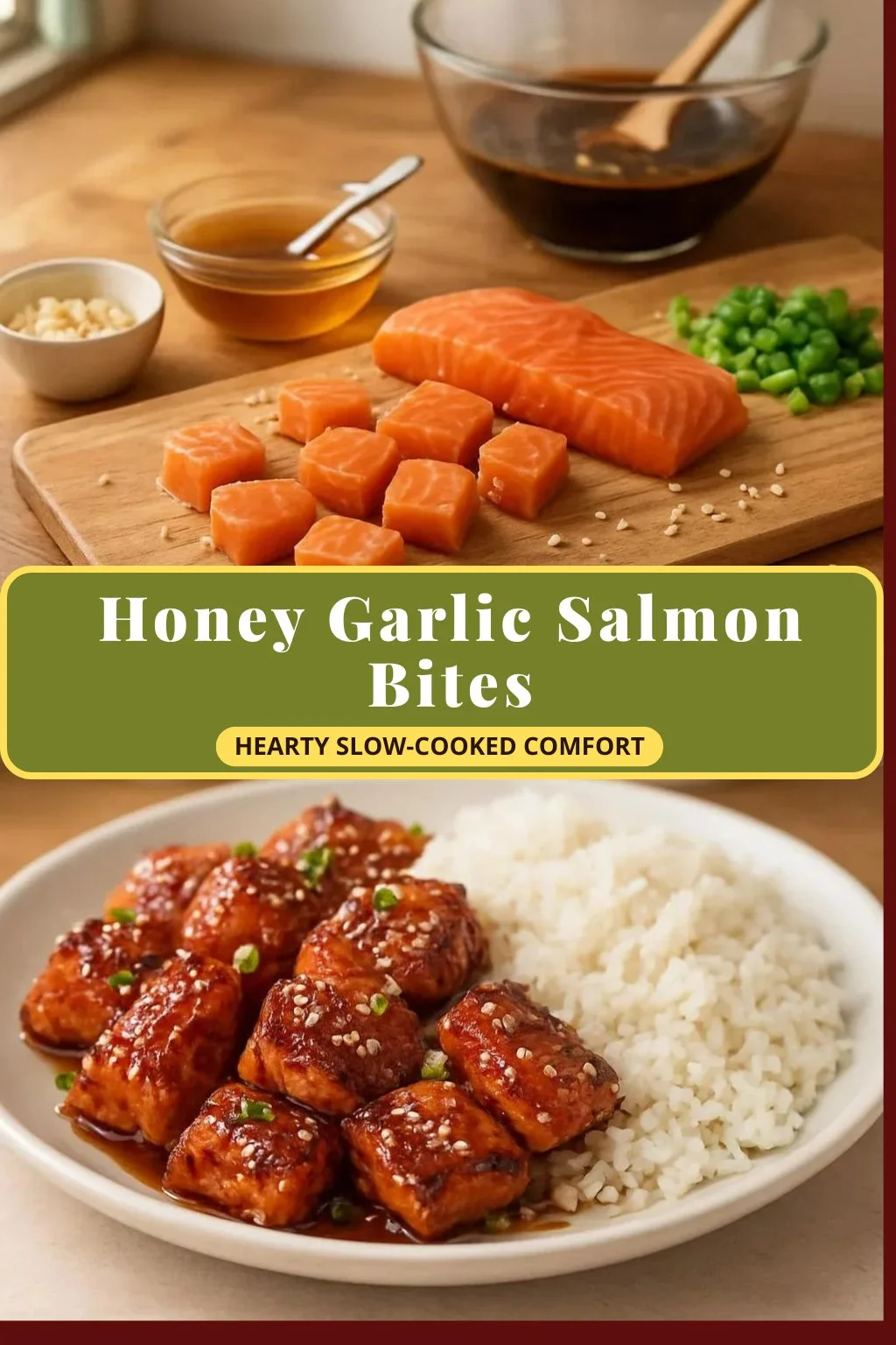 Honey Garlic Salmon Bites served on a platter with garnishes
