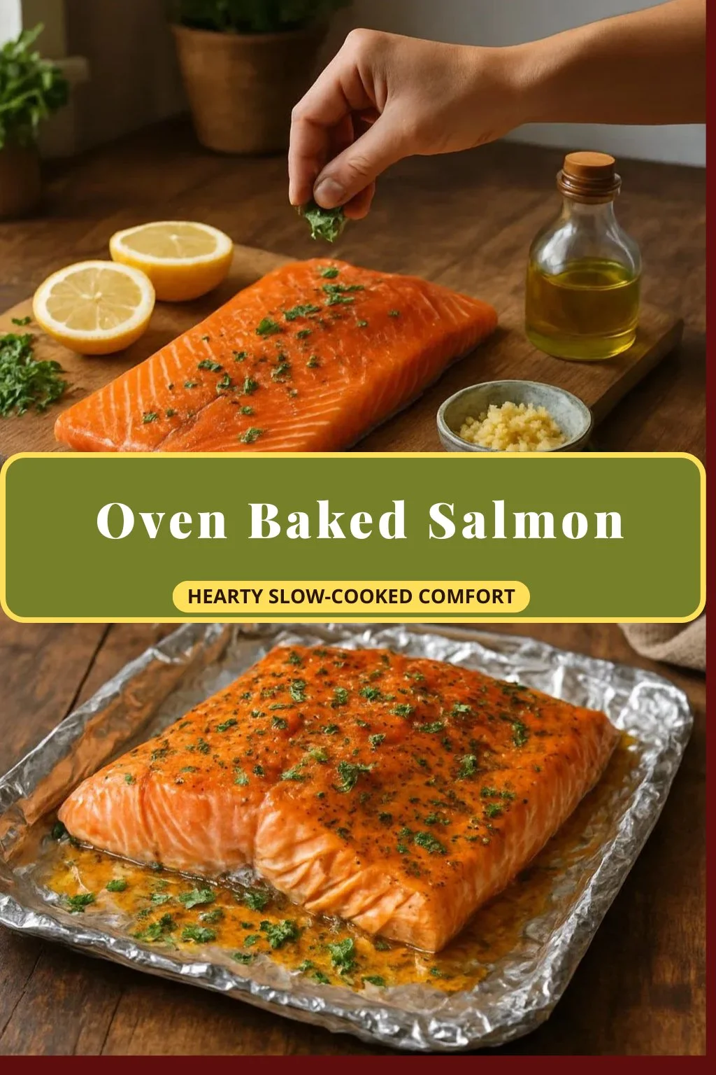 Delicious oven baked salmon served with lemon and herbs.