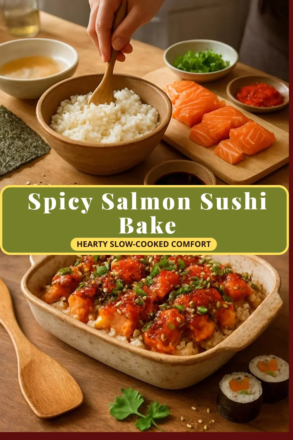 Delicious Spicy Salmon Sushi Bake topped with creamy sauce and green onions