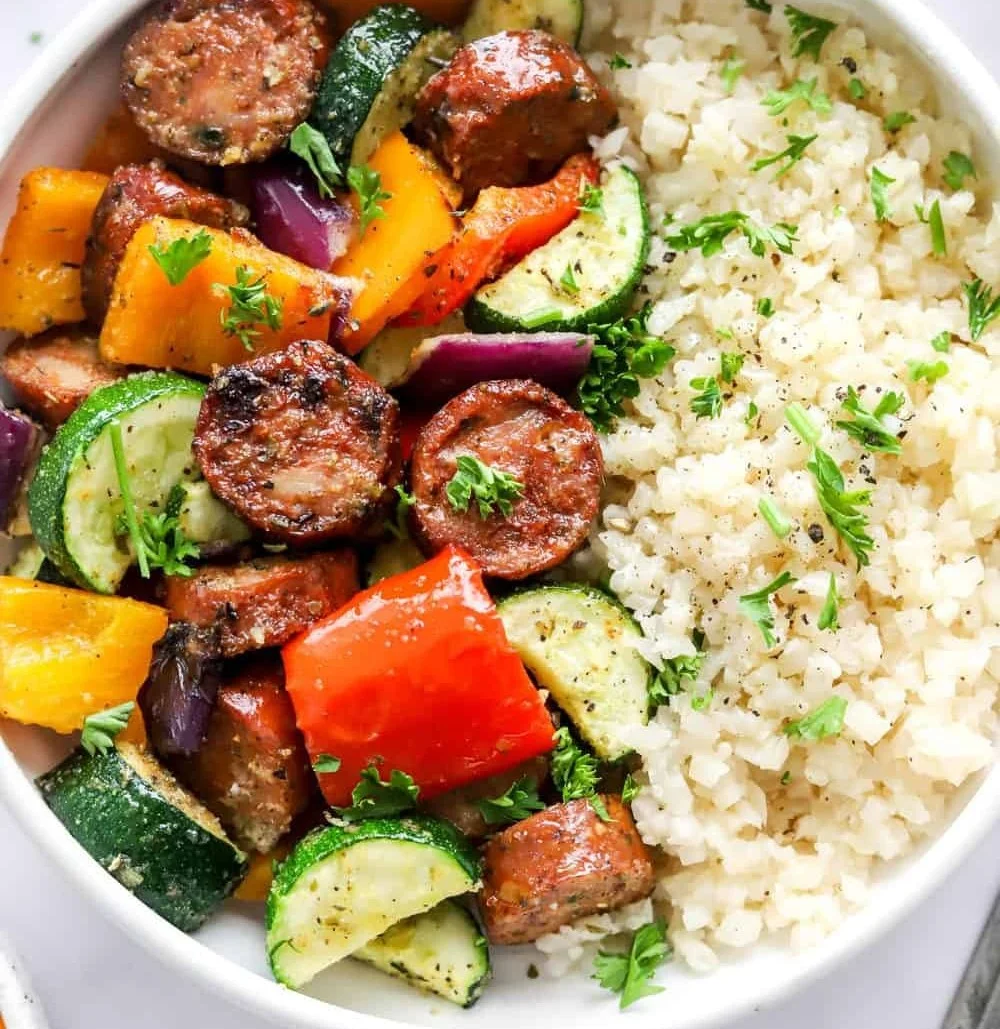 Air fryer chicken sausage with mixed veggies cooked in 10 minutes