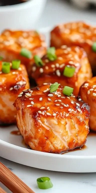 Delicious Bang Bang Salmon Bites served on a plate with dipping sauce
