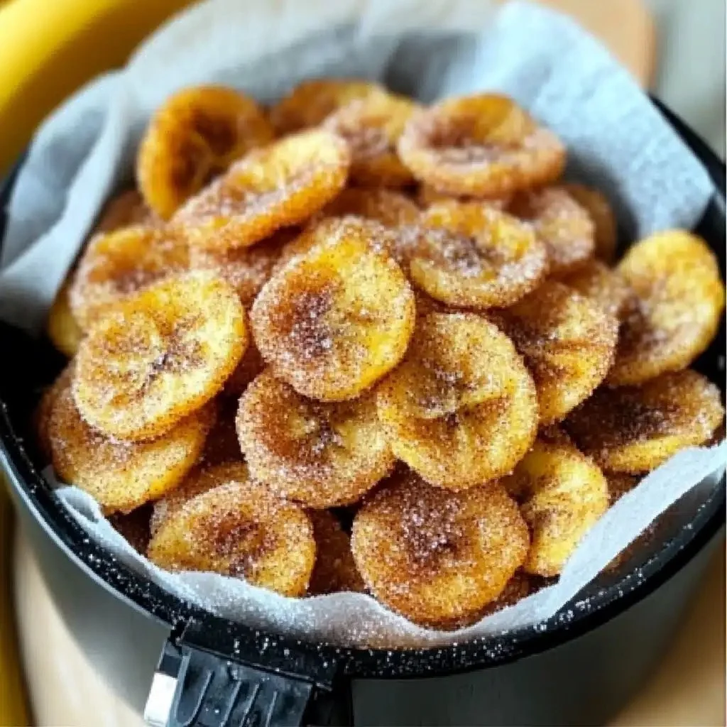 Cinnamon-sugar air fryer banana chips served in a bowl