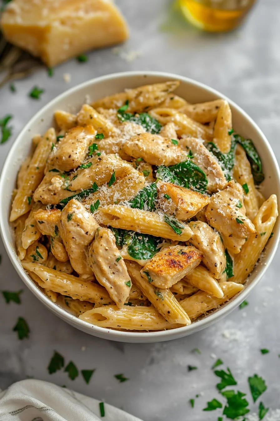 Plate of healthy garlic parmesan chicken pasta garnished with parsley