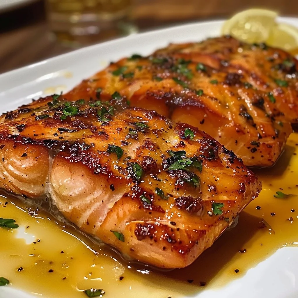 Grilled Texas Roadhouse Salmon served with fresh sides and lemon garnish.