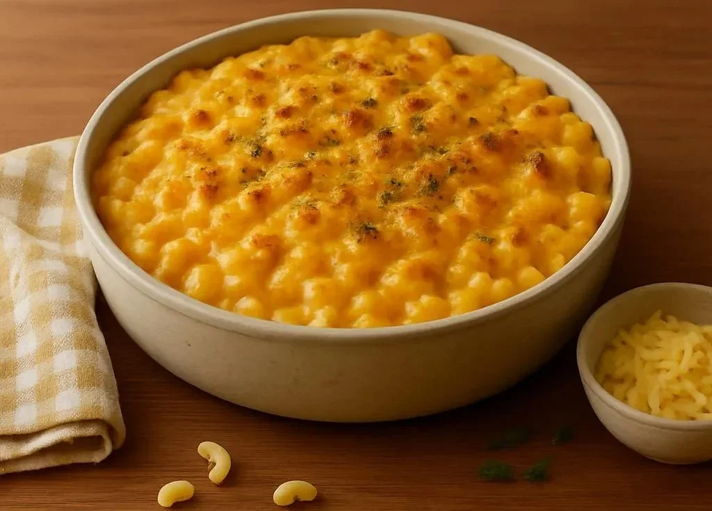Creamy baked macaroni and cheese in a golden crust