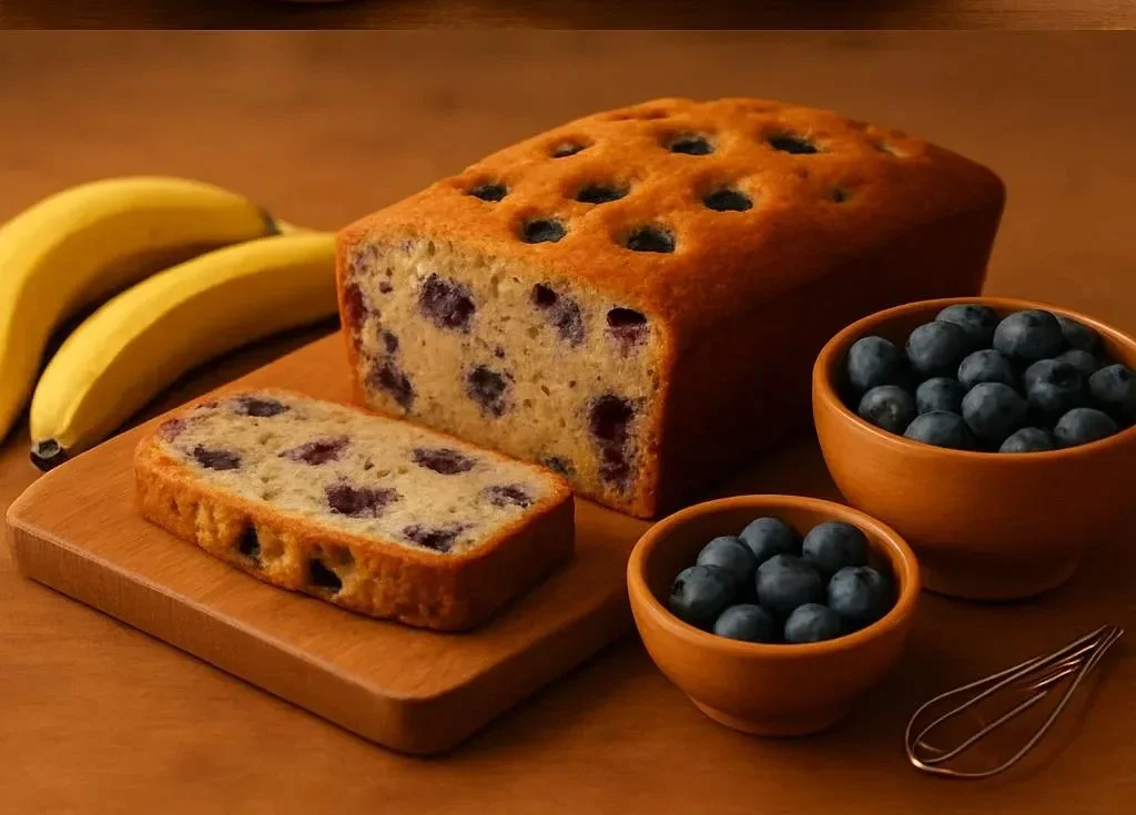 Freshly baked blueberry banana bread with blueberries on top