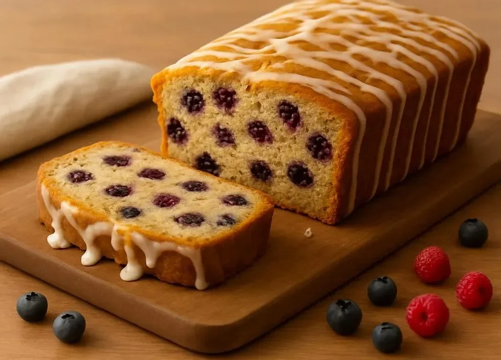 Loaf of freshly baked blueberry banana bread with slices cut