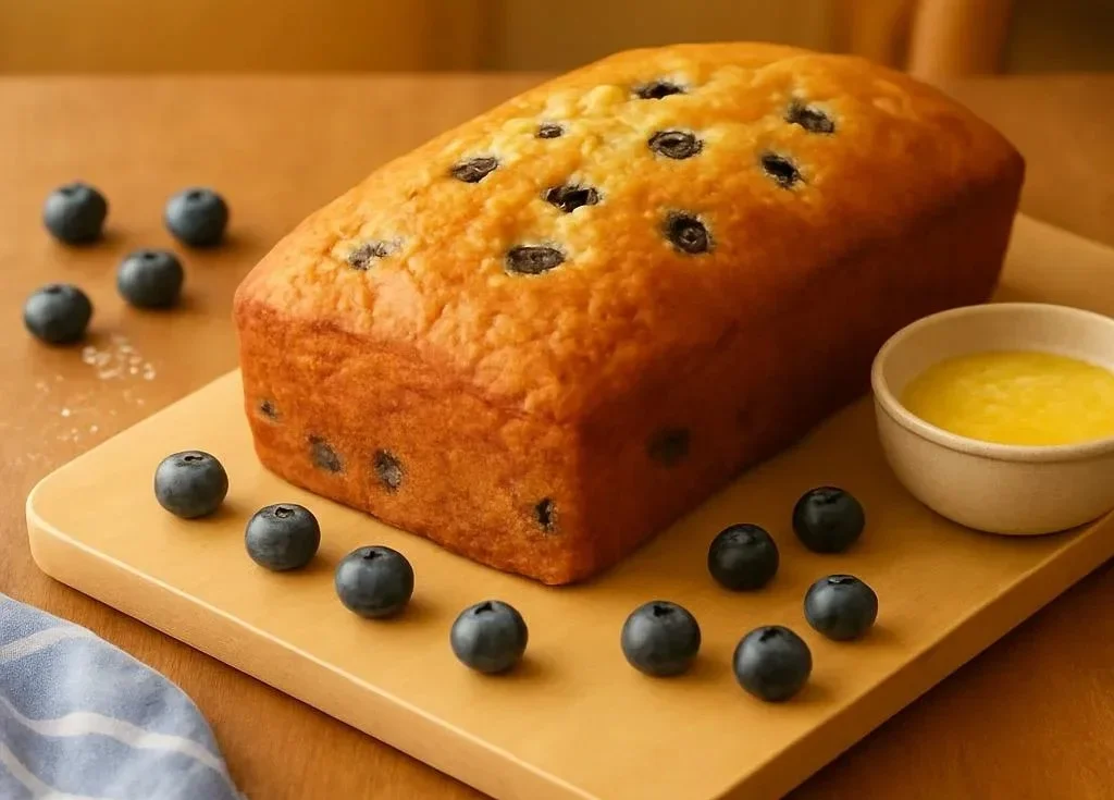 Freshly baked blueberry banana bread with blueberries on top