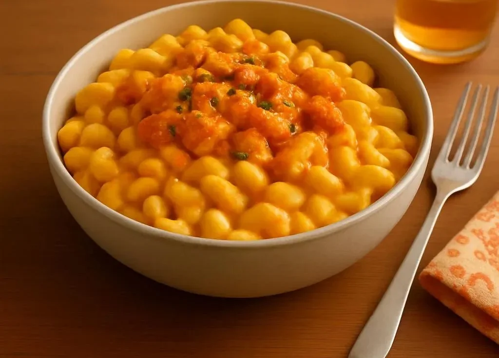 Creamy Buffalo Chicken Mac and Cheese topped with spicy sauce