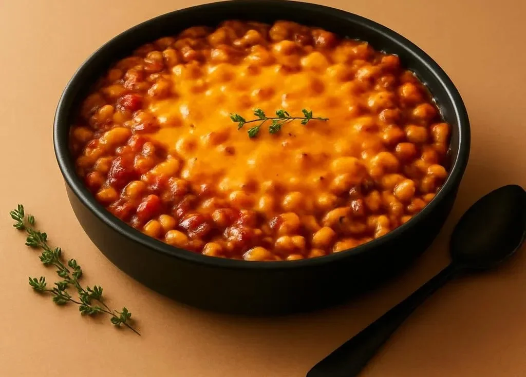 Delicious Cheesy Beefy Chili Mac served in a bowl, garnished with herbs.
