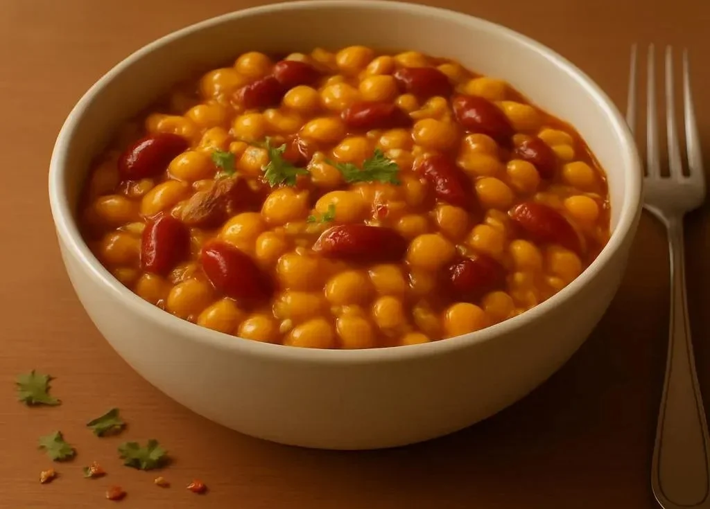 Delicious bowl of Chili Mac and Cheese topped with cheese and herbs