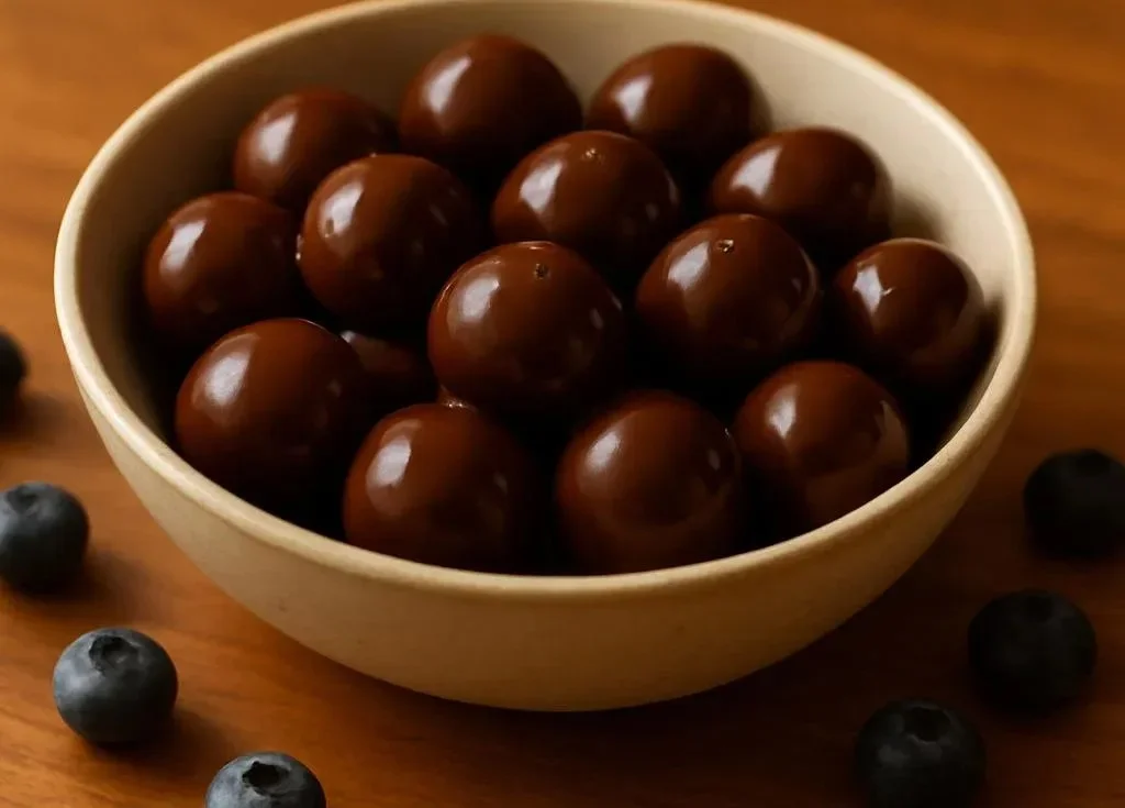 Delicious chocolate-covered blueberries in a decorative bowl