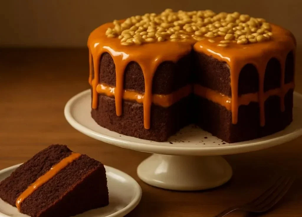 Delicious Chocolate Snickers Cake topped with chocolate and caramel