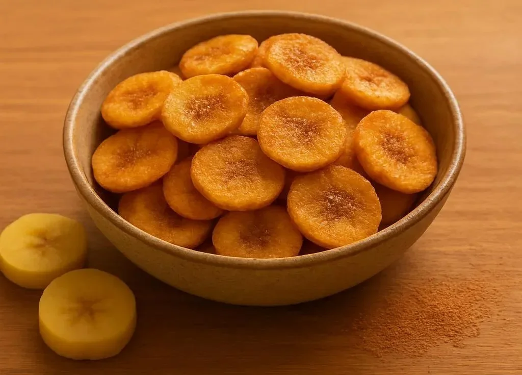 Cinnamon-sugar air fryer banana chips in a bowl