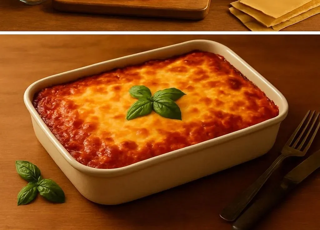 Classic lasagna with layers of cheese, meat, and sauce served in a baking dish