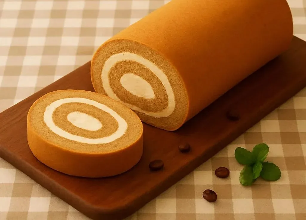 Delicious Coffee Swiss Roll dessert with creamy coffee filling and chocolate drizzle.