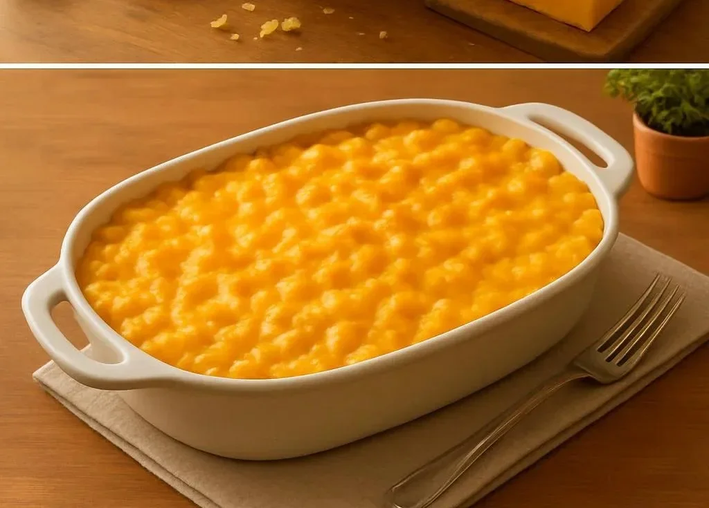 Creamy Southern baked mac and cheese in a cheesy, golden brown dish