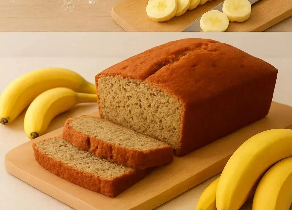 Loaf of easy homemade banana bread on a wooden cutting board