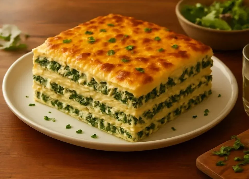Deliciously creamy spinach mushroom lasagna fresh out of the oven