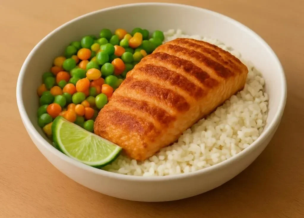 A colorful and nutritious easy healthy dinner plate with vegetables and lean protein.