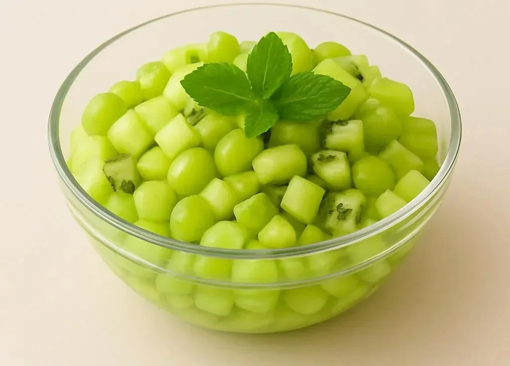 A vibrant green fruit salad featuring fresh kiwi, green apples, and grapes.
