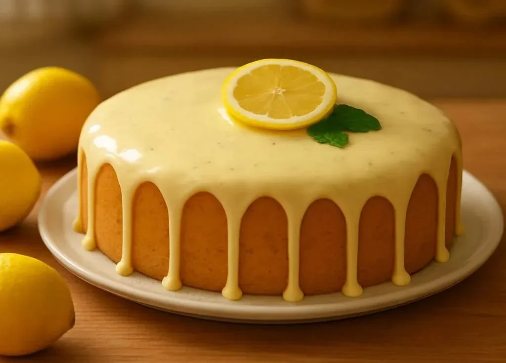 Delicious lemon poppy seed cake topped with frosting and lemon zest.