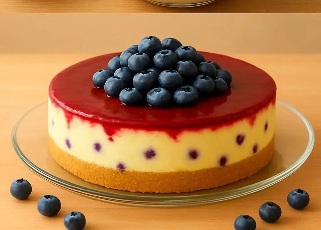 No bake blueberry cheesecake topped with fresh blueberries and whipped cream