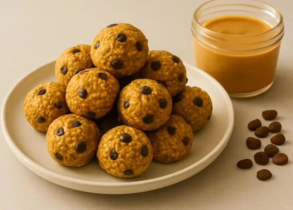 No-bake peanut butter energy bites on a plate with ingredients