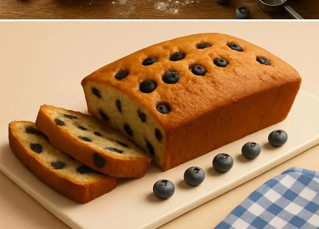 Sour cream blueberry banana bread slice on a table with fresh blueberries.