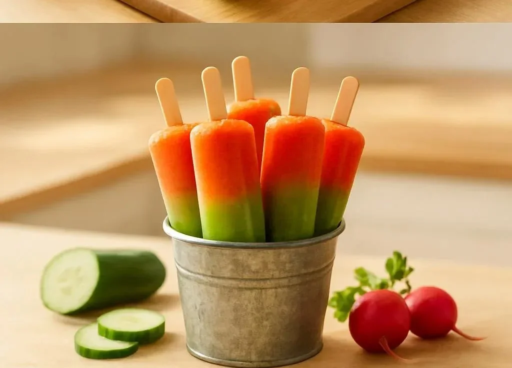 Colorful veg popsicles made from fresh vegetables and fruits